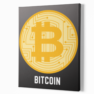 Leinwand mit schwarzen Hintergrund und mit Beschriftung Bitcoin für die Wand.