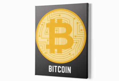 Leinwand mit schwarzen Hintergrund und mit Beschriftung Bitcoin für die Wand.