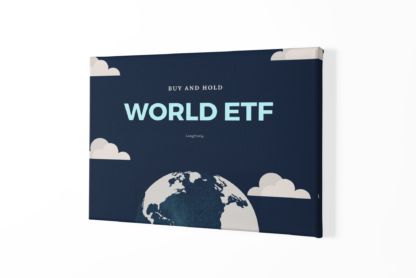 Leinwand mit blau, weissen Hintergrund und mit Beschriftung World ETF für die Wand.